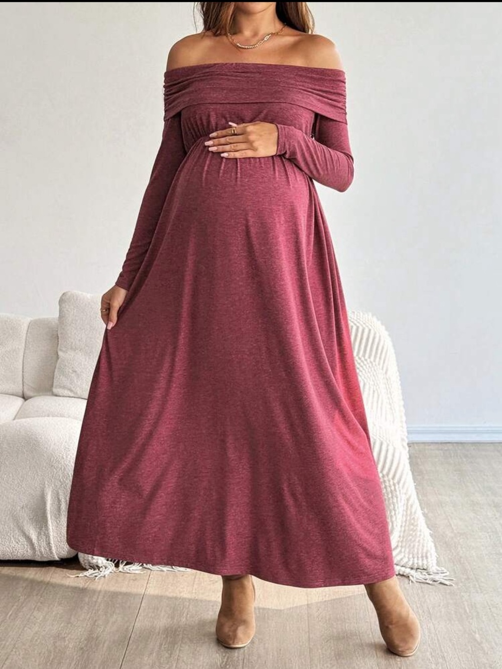Off-Shoulder Long Sleeve Maternity Maxi Dress in Burgundy